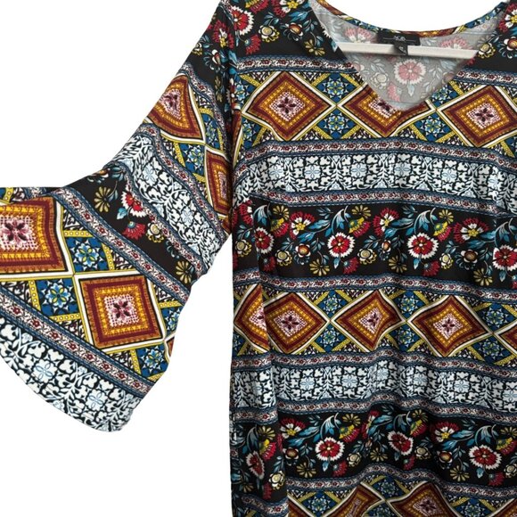 AGB Women's Boho Tunic Top 2X Colorful Geometric & Floral Print 3/4 Sleeves Top - Picture 8 of 11